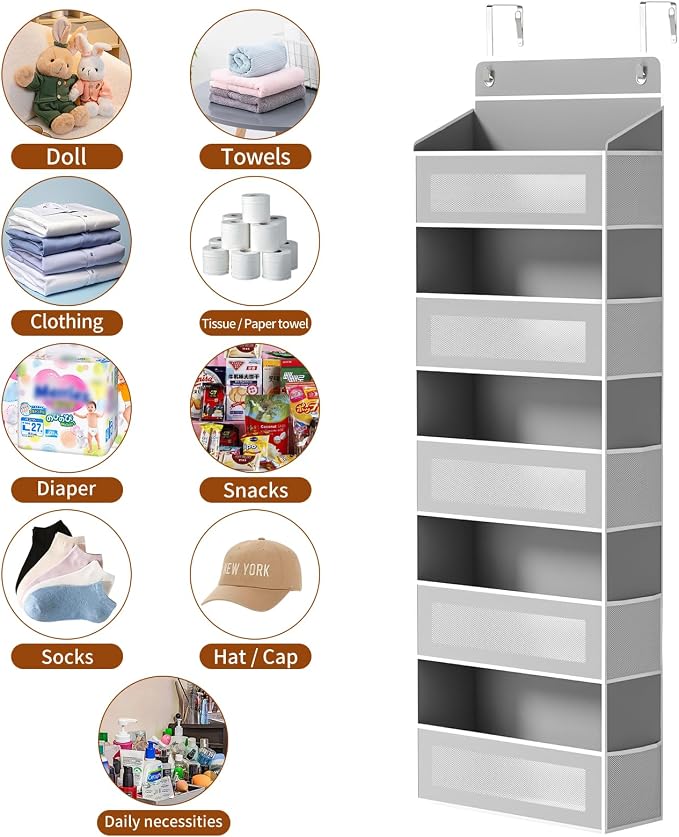 Over The Door Organizer, Over the Door Storage with 5 Large 10 Side Pockets, Hanging Door Organizer 44 lb Load Behind Door Storage, Hanging Shelf for Closet Wall Bedroom Bathroom Nursery, 5-Tier Grey