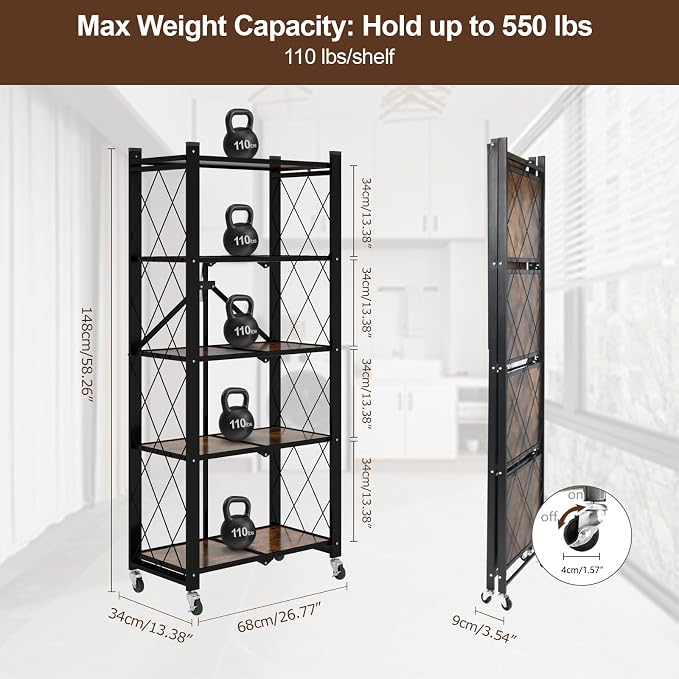 5 Tier Folding Shelf with Wheels, Wood and Metal Bookshelf, no Assembly Foldable Storage Shelves, Vintage Storage Rack for Living Room, Bedroom, and Home Office