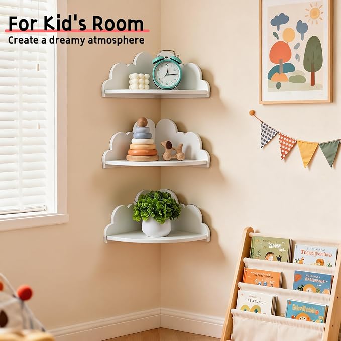 Cloud Corner Floating Shelves Set 3 Wall Mounted for Kid's Room | White Corner Wall Shelf Floating Wooden Wall Mounted Shelves Clouds Dispaly Shelf for Kid’s Room,Toys, Plants & Storage