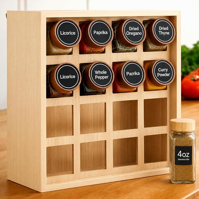 Novabright 16 Grids Bamboo Spice Rack Organizer, Wooden Spice Rack Wall Mount with Square Compartments, Wood Hanging Shelf for 4 oz Glass Jar Drawer Cabinet Kitchen Countertop Wall, Jars Not Included