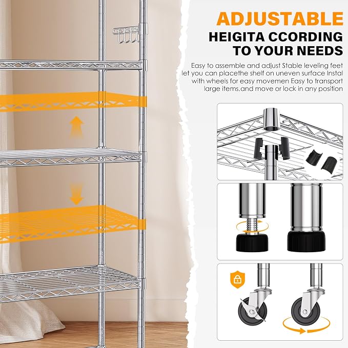 YNN Storage Shelves,1750Lbs 5 Tier Heavy Duty Metal Rolling Shelving Unit with Wheels & 8 Hooks, Adjustable Garage Wire Rack for Kitchen, Bathroom,Industrial,Pantry(36" W x 14" D x 72" H, Chrome)