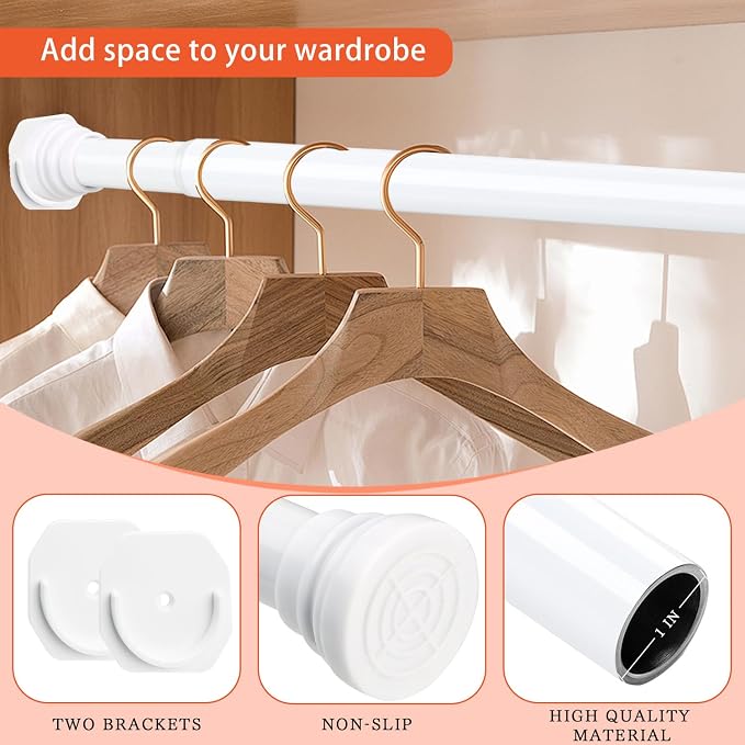 No Drilling Closet Rods for Hanging Clothes, Adjustable 30-52 in | White, Metal, Heavy Duty, Space Saving, Suitable for Wardrobes, Laundry, RV