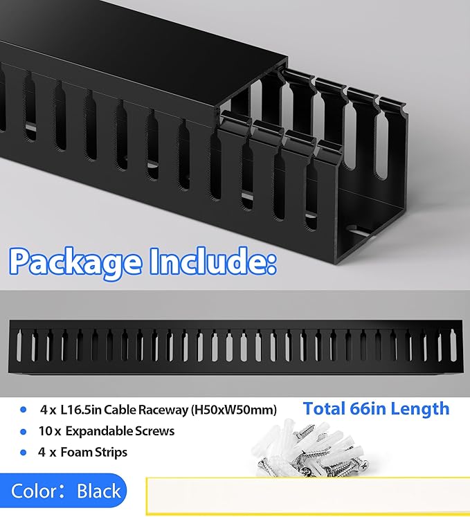 2" H x 2" W Cable Raceway, 66in Under Desk Wire Management Channel, Black | Slotted Wire Duct, 4Pack, 16.5in Each, Heavy-Duty PVC Cable Management for Server Racks, Network Cables & Electrical Cabinets