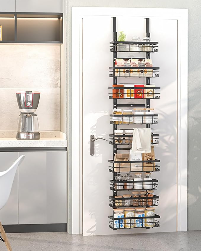 Pantry Door Organizer, 9-Tier Over The Door Pantry Organizer for Kitchen Pantry Storage, Adjustable Metal Hanging Spice Rack with 9 Baskets for Pantry Kitchen Bathroom Laundry Room Closet, Black
