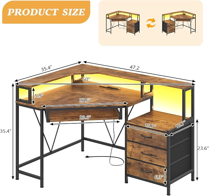47" Corner Desk with Drawers, Power Outlets ＆ Printer Shelf for Small Space | Small Computer Desk with Monitor Stand, Triangle Gaming Desk with LED Lights and Keyboard Tray, Rustic Brown