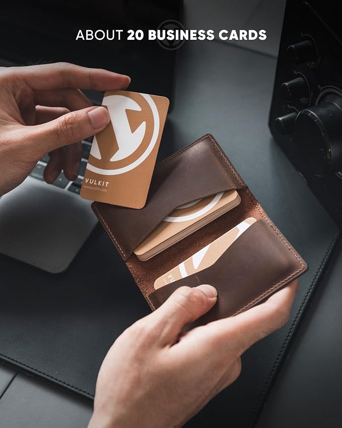 VULKIT Genuine Leather Business Card Holder 2 Sided Slim Business Name Card Organizer for Men or Women, up to Hold 20 cards (Genuine Dark Brown)