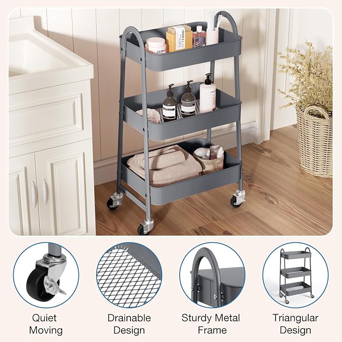 OLIXIS Metal Utility Cart, Mobile Rolling Storage Shelf with Lockable Caster Wheels, Organization for Livingroom, Bathroom & Narrow Places, 3 Tiers Gray