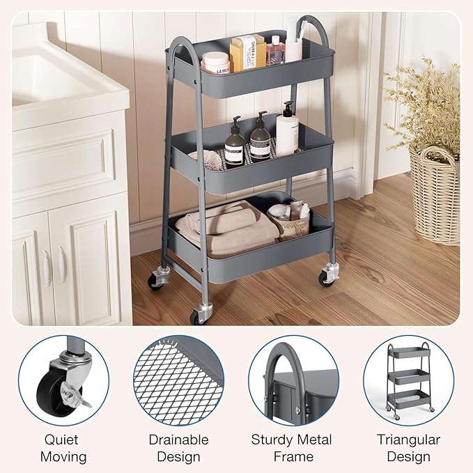 DUMOS 3 Tiers Rolling Cart, Utility Cart, Metal, Gray | Mobile Storage, Lockable Wheels, Utility Shelving Unit, Kitchen, Bathroom, Laundry, Narrow Places