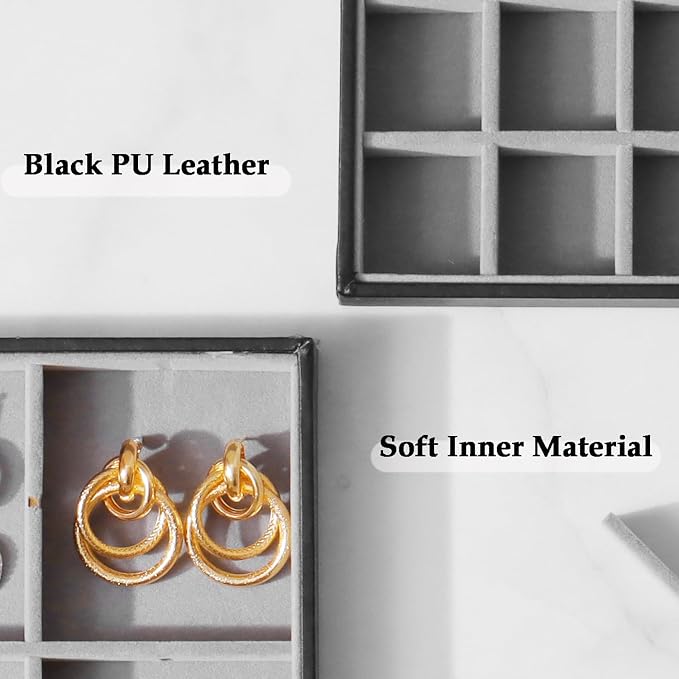 Large Jewelry Organizer Tray 2 Pack, Stackable Jewelry Storage Holder for Drawer Inserts, PU Leather Velvet Jewellery Display Case for Earring Bracelet Necklace Ring (Black Gray, 40 Grids)