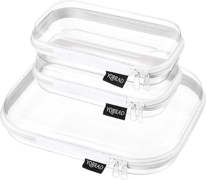 YQBRAO Clear Hard Shell Organizer Cases, 3-Pack, White | Rigid 1.2 mm clear PET organizers with multi-size design for travel, home storage, and everyday essentials.