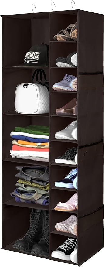 Libeder Shoe Organizer for Closet, 15 Shelf Hanging Closet Storage Shelves - 10 Shoe Rack Organizer and 5 Compartment for Clothes with 6 Side Mesh Pockets for Scarf, Socks,Gloves, Coffee