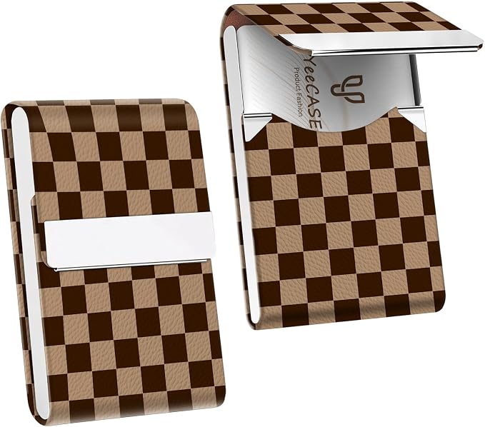 2Pack Leather Stainless Steel Business Card Holder, Metal Slim Business Card Case for Women or Men, Pocket Business Card Carrier with Prints, Magnetic Closure, RFID Blocking