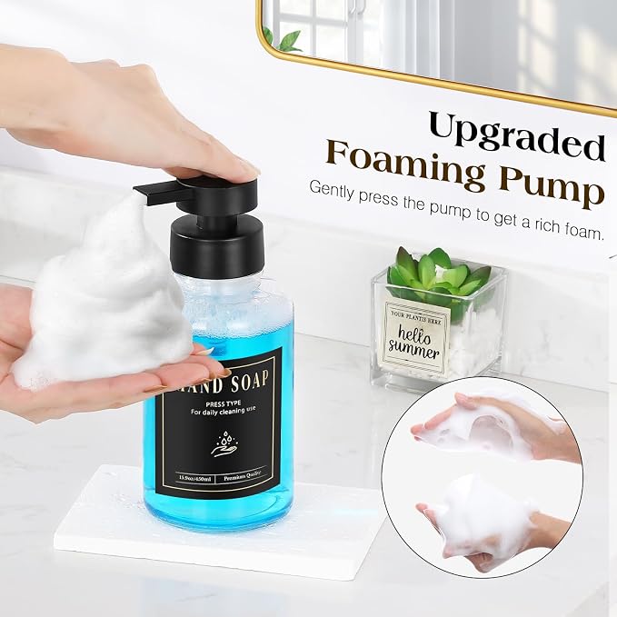 Luxspire Foaming Soap Dispenser, Glass Foam Pump Soap Dispenser, Non-Slip Hand Soap Bottle with 5 Waterproof Labels, 15 Oz Refillable Liquid Soap Bottle for Bathroom & Kitchen, Clear, 1 Pack
