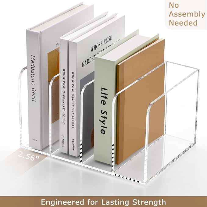 YUXUN Clear Acrylic Magazine File Holder, 4 Compartment Vertical Desk Organizer, 5mm Thick Document Sorter with Non-Slip Base, No Assembly for Office Home Classroom, Holds Binders, Books, Tablets