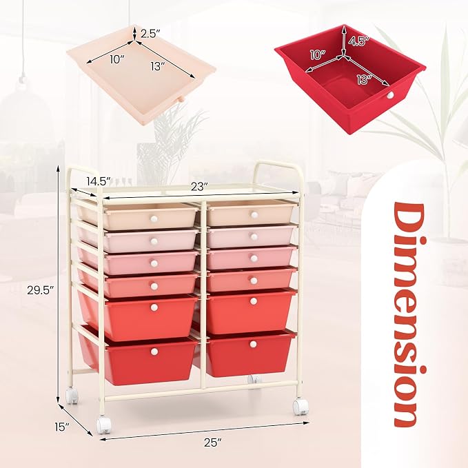DREAMADE Mixed-pink 12-Drawer Rolling Storage Cart with Removable Drawers, Metal Frame, Polypropylene Drawers, Lockable Wheels