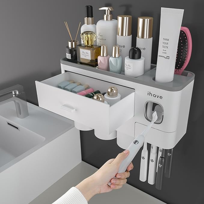 iHave Toothbrush Holders Wall Mounted with Toothpaste Dispenser & 3 Cups | All-in-One Bathroom Organizer: 3 Cups, 6 Slots, Toothpaste Dispenser, Large Tray & Drawer. Wall Mount, No Drilling Required