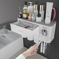 iHave Toothbrush Holders Wall Mounted with Toothpaste Dispenser & 3 Cups | All-in-One Bathroom Organizer: 3 Cups, 6 Slots, Toothpaste Dispenser, Large Tray & Drawer. Wall Mount, No Drilling Required