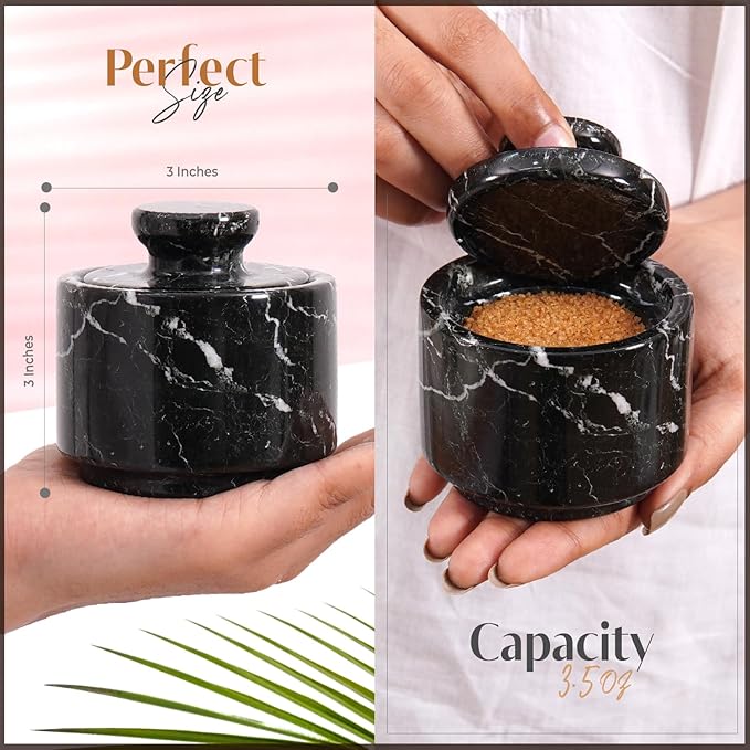 MARBLOUS KRAFTS Marble Salt Cellar 3" Black Zebra Stone salt dish, Sugar, Seasoning salt containers for Countertop, Modern salt holder with lid, Kitchen Spice Jar