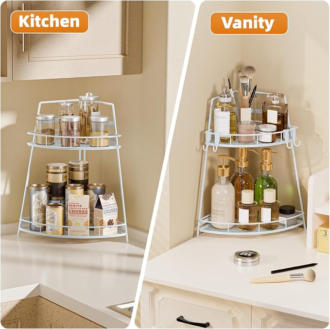 VITVITI 2 Tier Corner Bathroom Counter Organizer, Metal Bathroom Countertop Organizer Shelf Storage, Bath Room Sink Makeup Organizers for Vanity Perfume Skincare with Hooks, White