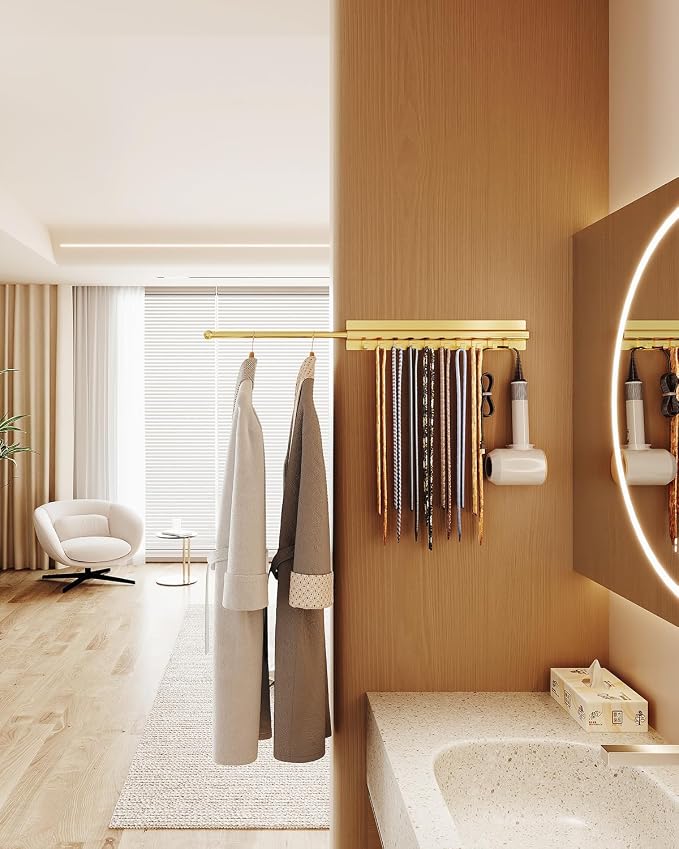 BaiNong Adhesive Valet Rod for Closets Pull Out 16.5" Gold with 10 Hooks | Multifunctional Closet Valet Rod Slide Out for Closets Belt Organizer for Closet Tie Rack Hanger for Closet Space-Saving