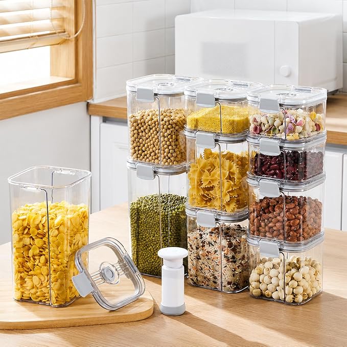 3-Piece Vacuum Seal Food Storage Containers with Pump, Airtight Clear Plastic Canister Set, Stackable Pantry Organizer (1.9 QT, 0.95 QT*2)