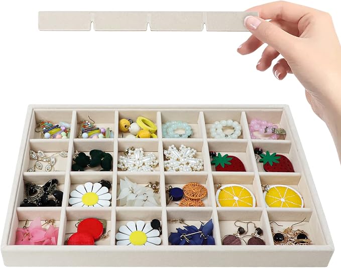 Stratalife 24 Grid Jewelry Organizer Tray, Stackable Drawer Earring Organizer with Adjustable Dividers, Jewelry Display Tray for Necklace Earring Ring Bracelet, 13.8" x 9.4" x 1.2", Beige