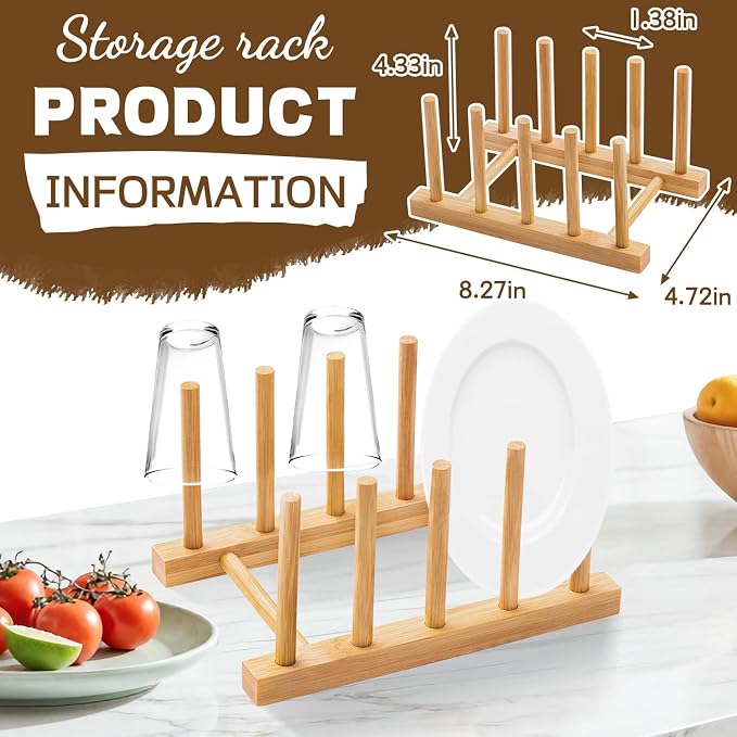 Bamboo Dish Drying Rack for Kitchen Counter, 4 Slots Plate Organizer Stand for Cups Cutting Board Pot Lid Books, Space Saving Bamboo Rack for Cabinet Display
