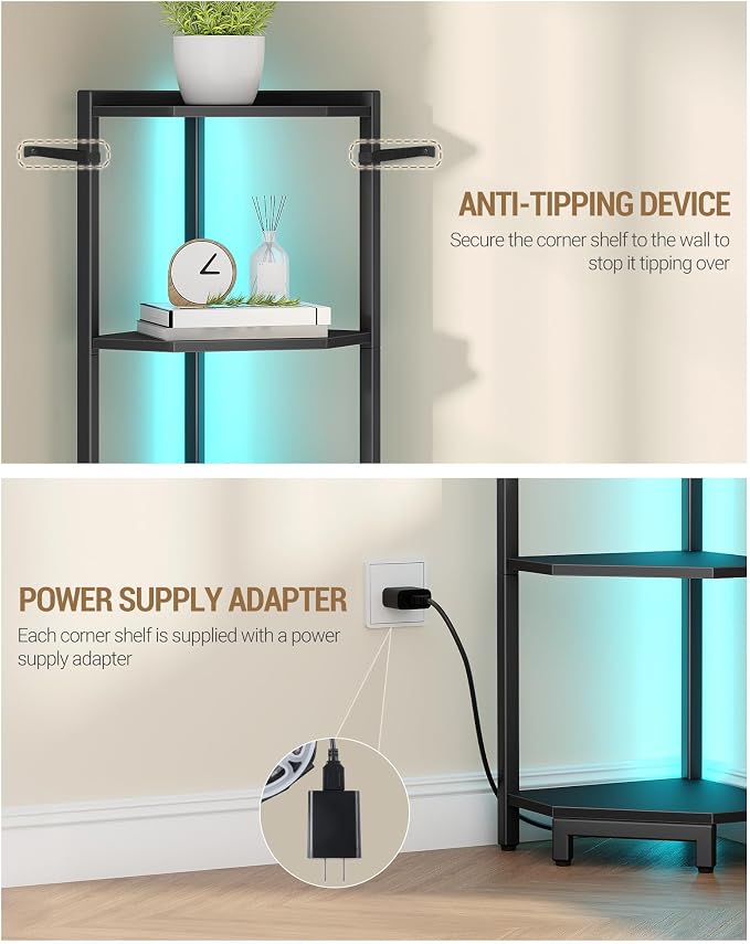Hzuaneri Corner Shelf with LED Light 6 Tier Corner Bookshelf Standing Shelf | Tall Narrow Display Bookcase with Metal Frame for Small Space, Living Room, Home Office, Bedroom, Black CS66606B
