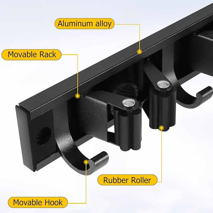 2 Pack Wall Mount Broom Holder with Sliding 3 & 4 Racks 4 Hooks，Mop Hanger | 15-30'' Broom Hanger Wall Mount,Aluminum Alloy Broom Holder Wall Mount,Broom and Mop Organizer Wall Hanging,Broom Holder