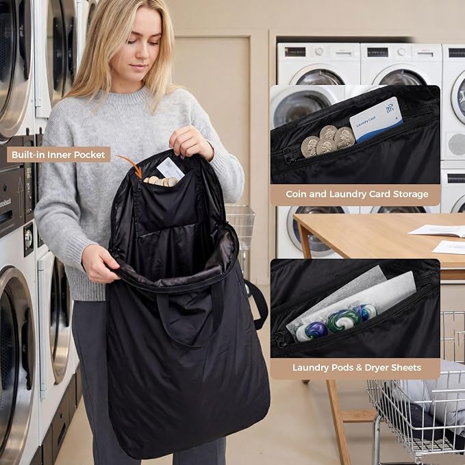 Travel Laundry Bag, Foldable Dirty Clothes Bag with Two Ways to Open, 40L Reusable Waterproof Laundry Bag, Large Capacity Travel Bag for Wet or Dirty Clothes for Travel, Camping & Storage (Black)