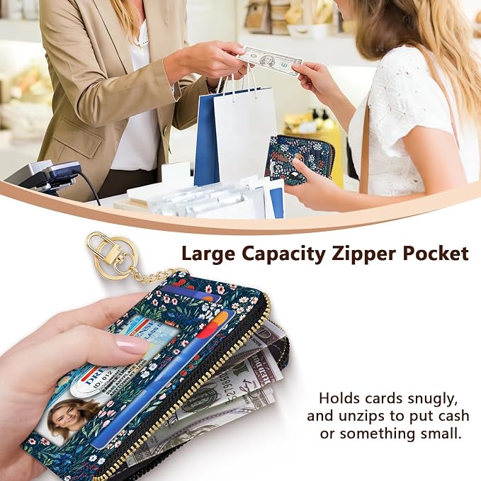 Giancomics Slim Wallet Credit Card Holder Women, Cute Cats Flowers Rfid Blocking Small Card Case, Keychain Thin Pocket Curved Zipper Wallet, Travel Card Holder PU Leather ID Window, Ladies Female Gift