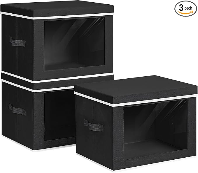 Homsorout Collapsible Storage Bins with Lids - Stackable Storage Containers with Window, 3 Pack Fabric Bins for Closet, Home & Office Organization Baskets, Black, 14.9" x 9.8" x 9.8"