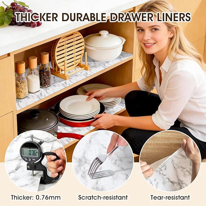 Coavas Shelf and Drawer Liner, Non Slip Extra Grip Non Adhesive Waterproof Thickened Cabinet Mat, Easy Cut for Kitchen Pantry Bathroom Dresser Cupboard (Marble, 12IN x 30FT)