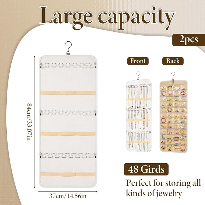 2 Pack Hanging Jewelry Organizer Storage with 48 Pockets and Hooks Dual-Sided Hanging Jewelry Organizers and Storage Hang on Closet, Wall, Door for Earrings, Necklaces, Rings,Beige