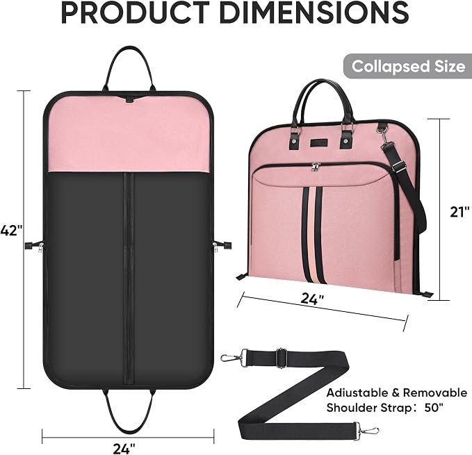 BALEINE Travel Garment Bag, Travel Suit Bag for Men, Water Resistant Carry on Garment Bag for Hanging Clothes, Garment Duffel Bag for Travel Business (Pink, 42")