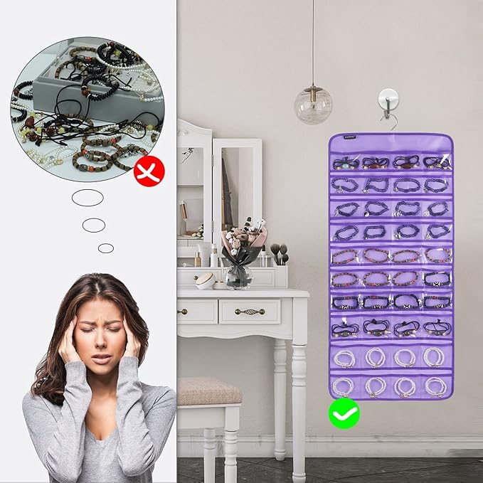 80 Pockets Hanging Jewelry Organizer for Holding Jewelries Dual-Sided Accessory Display Holder for Earrings Bracelets Rings (80 Pockets-Purple)