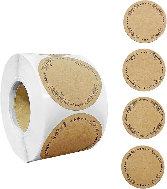 500 Jar Stickers, Jelly Jars & Jam Jar Labels, Kraft Paper Gift Tags, 4 Different Garland Designs for Mason Jars/Bottles/Name Tags and More (2 Inch Round)