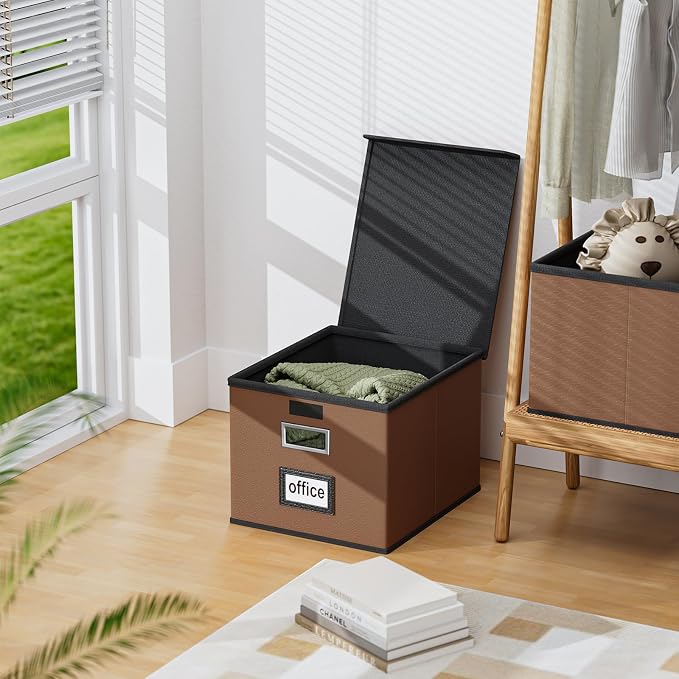 Portable Leather File Organizer Boxes with Lids, Office Document Boxes Organizer, Filing Boxes, Decorative Small File Boxes for Hanging Files with Plastic Slide for Office/Decor/Home
