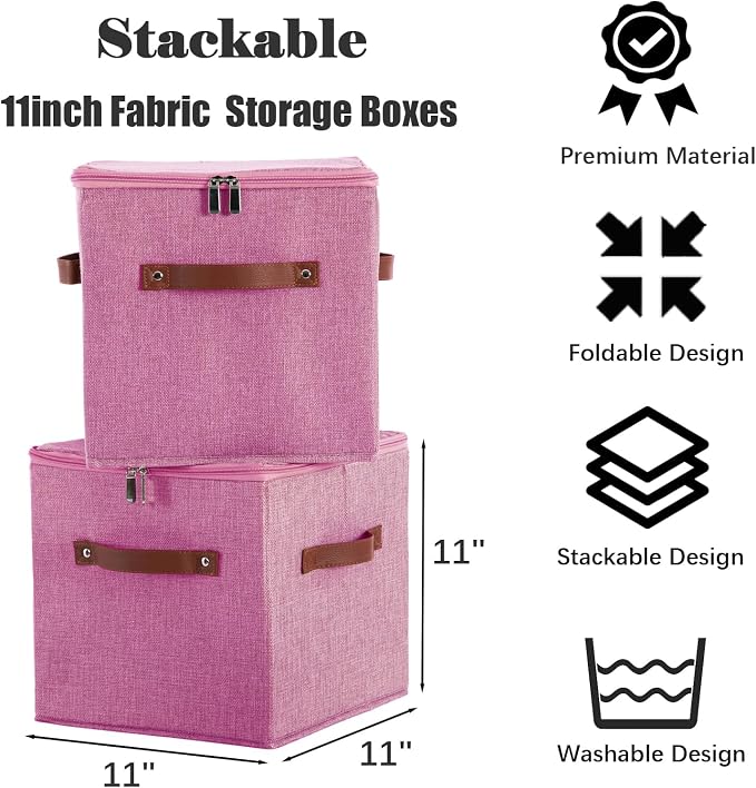11inch Storage Boxes Cubes with Zipper Lid Collapsible Fabric Lidded Storage Bins Baskets PU Leather Handle Cotton Linen Decorative Shelf Closet Organizer Container (Pink, 1PCS)
