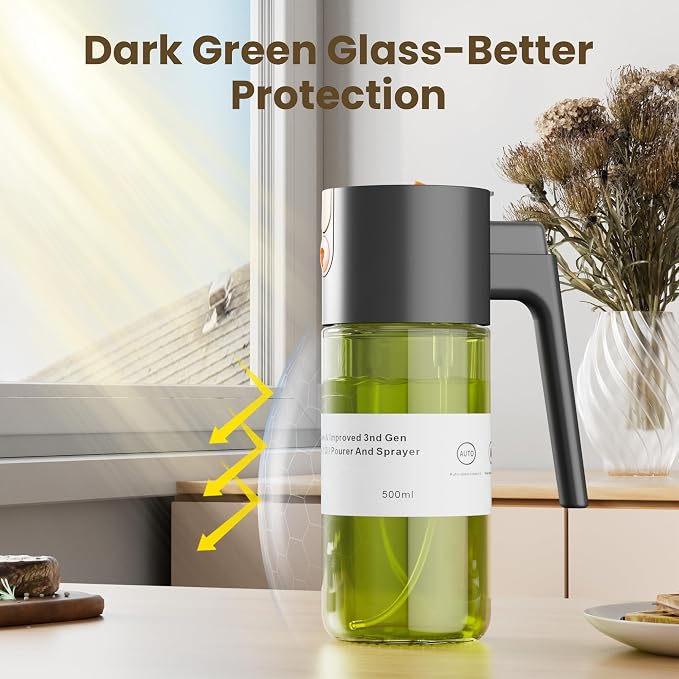 LAKUMIQI 2 in 1 Oil Sprayer & Dispenser, 17 oz Light-Blocking Glass Bottle | Large Capacity, Wide-Mouth for Easy Pouring and Cleaning, Leak-Proof Oil Bottle with Stickers for Salads, Air Fryers, BBQ