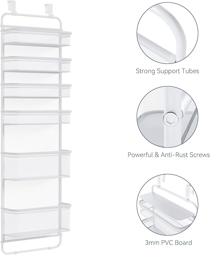 Whitmor Over The Door Organizer Storage, 6 Tier Hanging Door Organizer with Metal Frame & Mesh Baskets, Heavy Duty Behind Door Storage for Pantry, Bathroom, Closet, 17.7"W x 7.9"D x 67"H, White