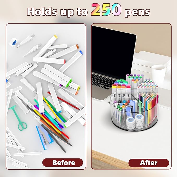 Absonic 500 PCS Acrylic Pencil Holder, 360 Rotating Clear Marker Organizer, Pen Crayon Marker Caddy Organizer for Desk, Desktop Storage and Organizer for Office School Art Supplies, 2 Pack