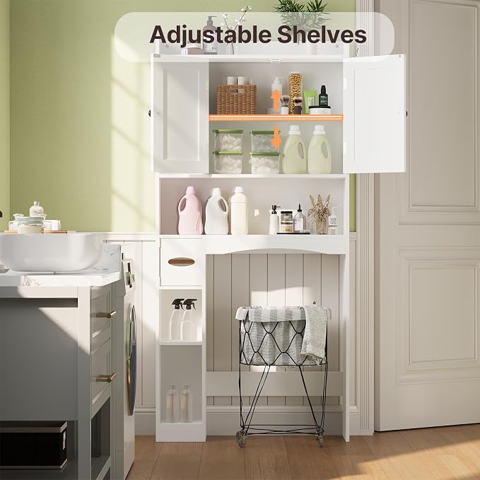 Gizoon 66''H Over The Toilet Storage Cabinet, Over Toilet Storage Cabinet White, Over Toilet Bathroom Organizer, with 2 Doors, Adjustable Shelf, for Bathroom, Laundry, White