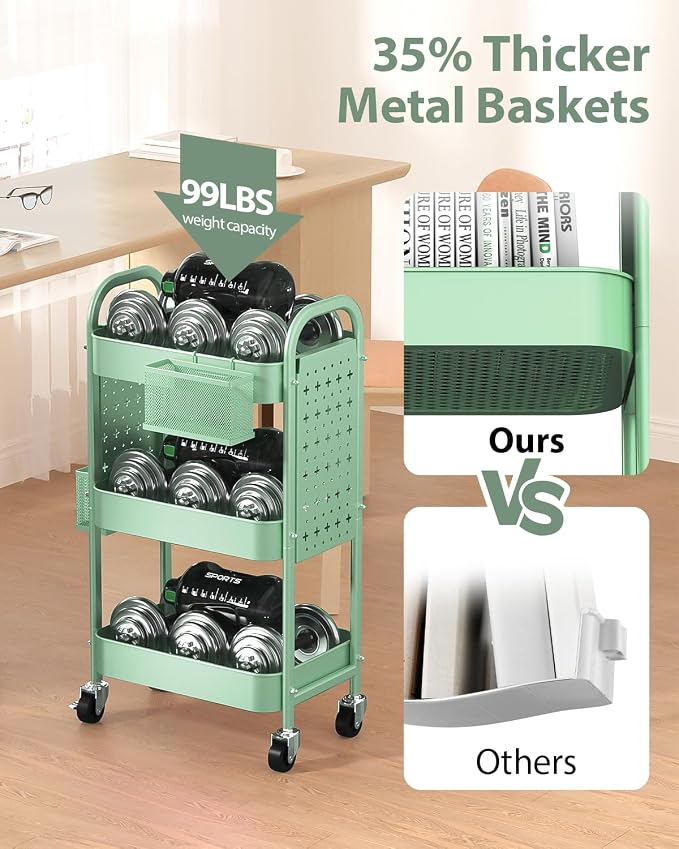 ALVOROG 3 Tier Metal Rolling Utility Cart with Pegboards,Baskets,Hook,Green | More Storage Craft Cart with Pegboards,Lockable Wheels,Hooks & Baskets to Organize Kitchen,Office,Bedroom and DIY Supplies