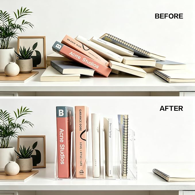 Acrylic Magazine File Holder with Carrying Handle, 5 Vertical Compartments Desk File Organizer, Clear File Sorter for Office, Magazines, Books, B5 Size