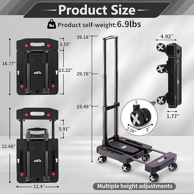 Folding Hand Truck Lightweight Hand Truck Dolly Foldable,Luggage cart with 6 Rotate Wheels, Utility Cart with Adjustable Handle,Collapsible Dolly for Moving (Black)