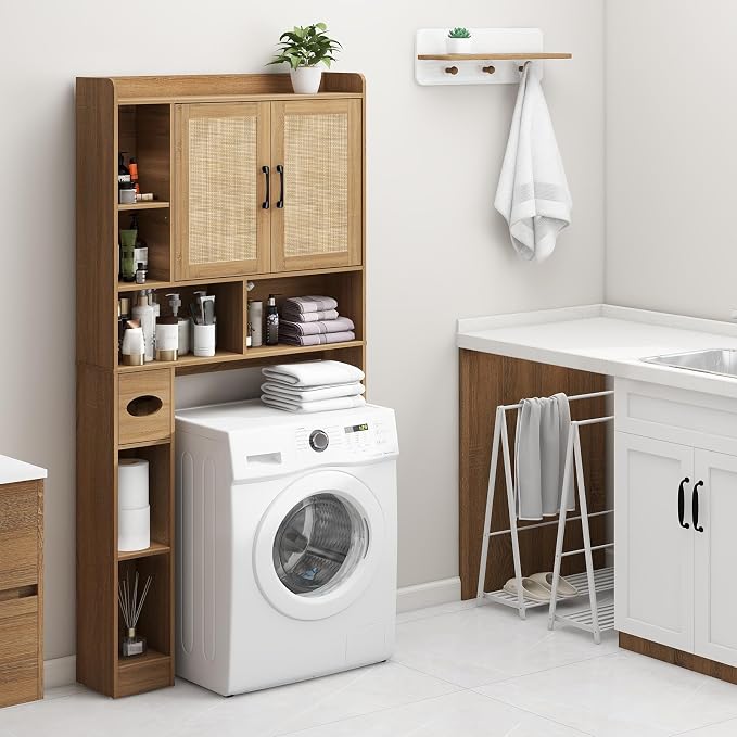 Vabches Over The Toilet Storage Cabinet with 2 Barn Doors, Oak | Farmhouse Storage Cabinet with Toilet Paper Holder Stand，Home Space-Saving Toilet Rack, for Bathroom, Restroom, Laundry