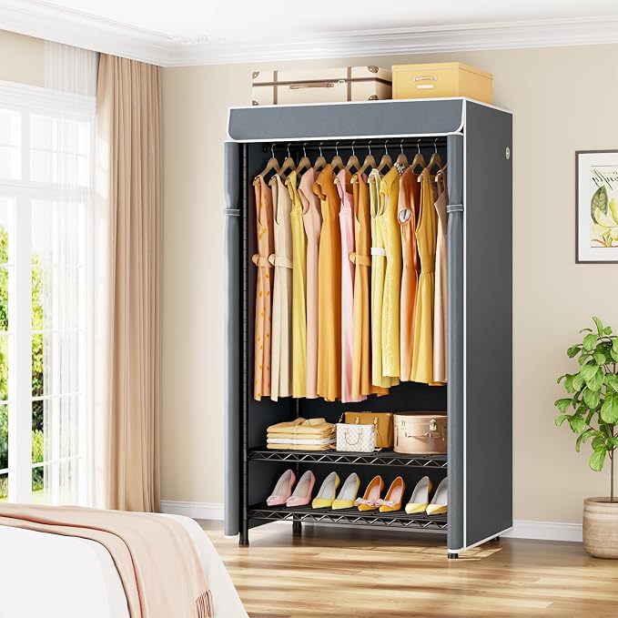 ULIFHOME H5C Clothes Rack with Cover, Portable Closet for Hanging Clothes, Covered Clothing Racks Heavy Duty, Garment Racks with Shelves, Max Load 360LBS, Black Closet Rack with Gray Cover