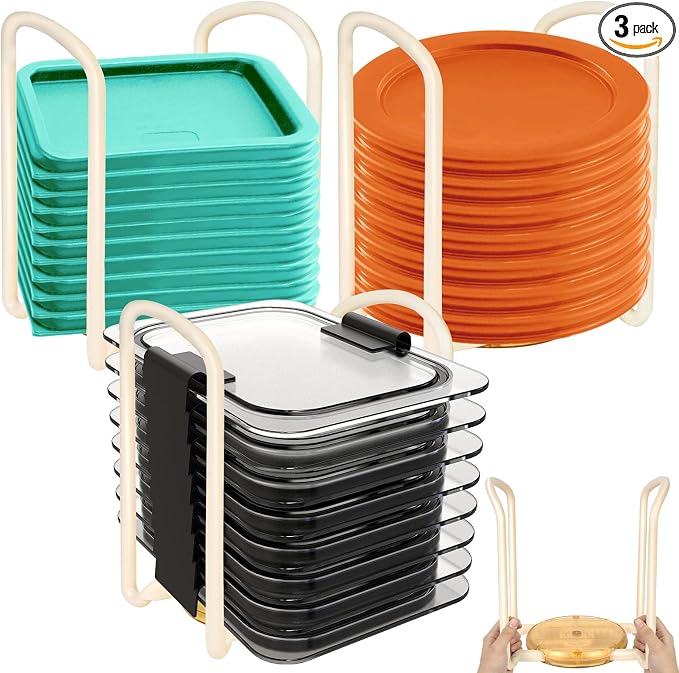3 Pack Adjustable Lids Organizer for Rubbermaid Brilliance Lids, Lid Organizers Inside Cabinet for Pyrex Snapware, Lids Holders Suitable for Storing Lids of Various Sizes（5.51in-8.27in）