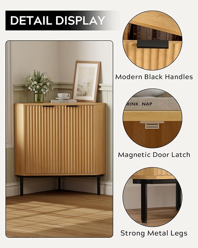 Modern Corner Cabinet, Fluted Small Floor Storage Cabinet with Adjustable Shelf, Freestanding Narrow Organizer for Living Room Kitchen, Natural Oak